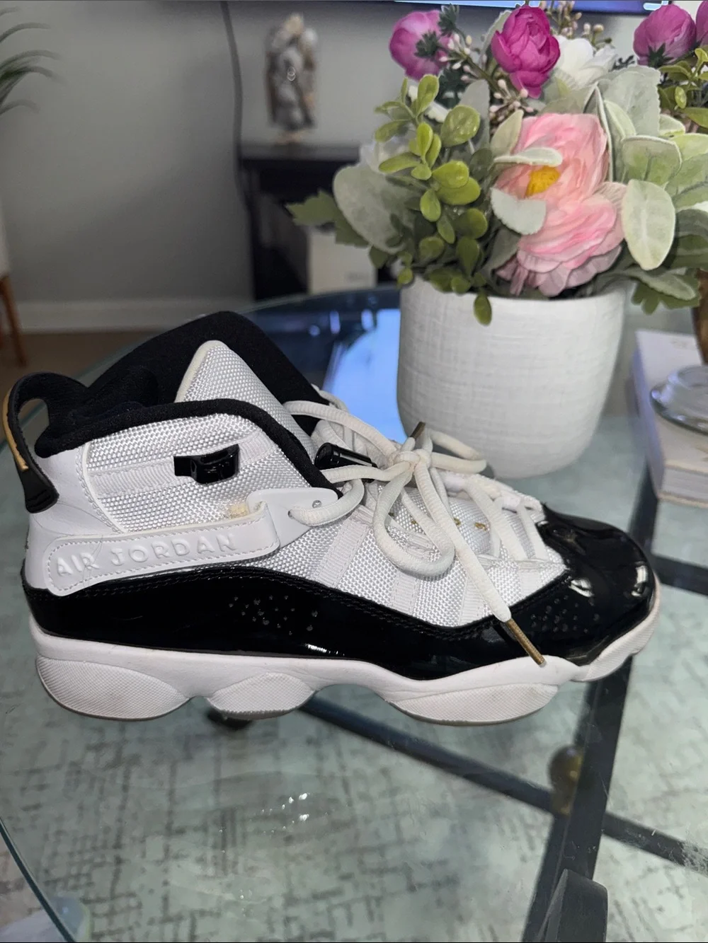 Jordan Youth White, Black & Gold Retro Sneakers - Picture 6 of 9